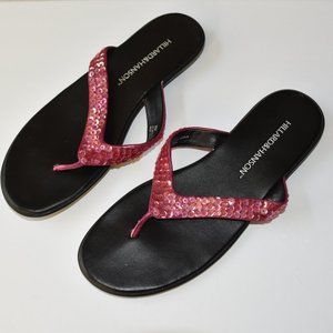 HILLARD & HANSON PINK SEQUIN FLIP FLOPS, THONGS, SANDALS, SIZE 9 M